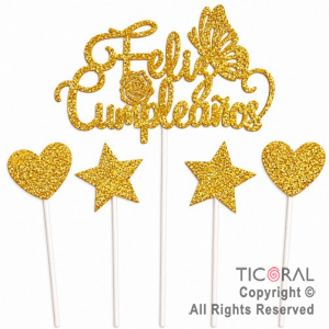 CAKE TOPPER FELIZ CUMPLEA�OS CON ESTRELLAS Y CORAZONES GIBRE ORO
